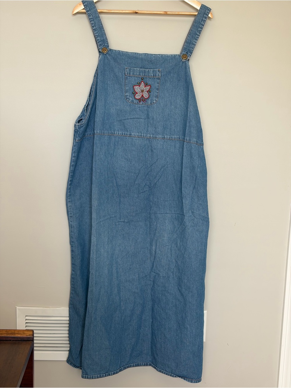 Vintage Bobbie Brooks Light Blue Denim Overall Dress with Embroidered Pocket